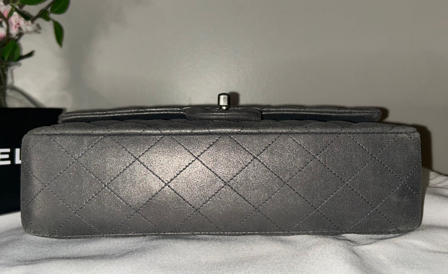 CHANEL Medium Double Flap Metallic Gray Pearlescent Leather Quilted Handbag
