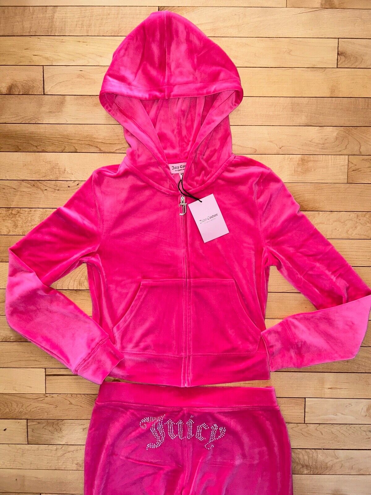 $199 NEW! NWT JUICY COUTURE Velour OG Bling Tracksuit Hoodie & Pant Set Pink S