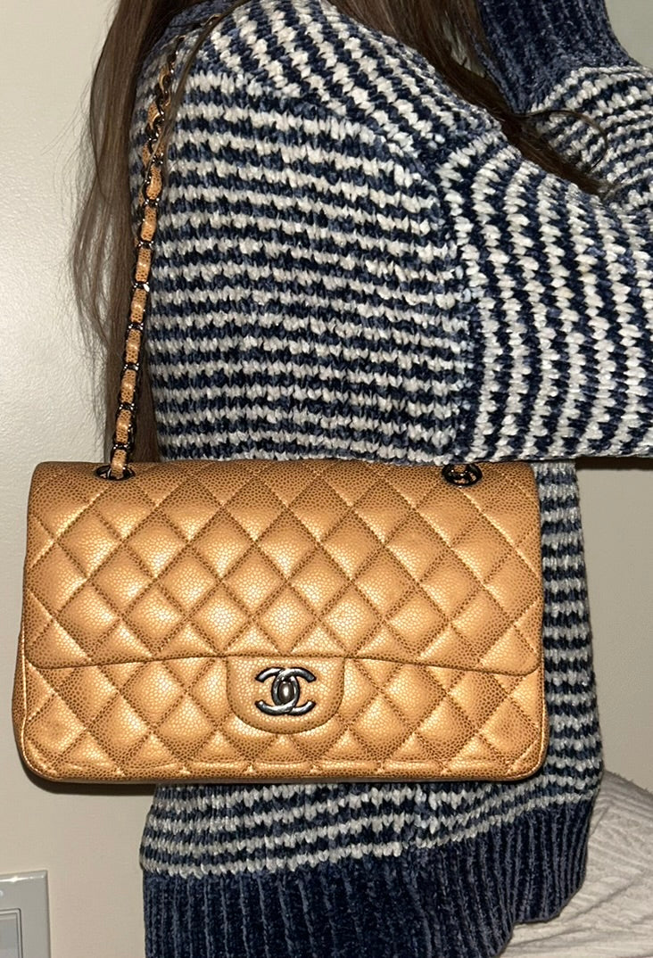 CHANEL Classic Medium Double Flap Metallic Caviar Leather Handbag Golden