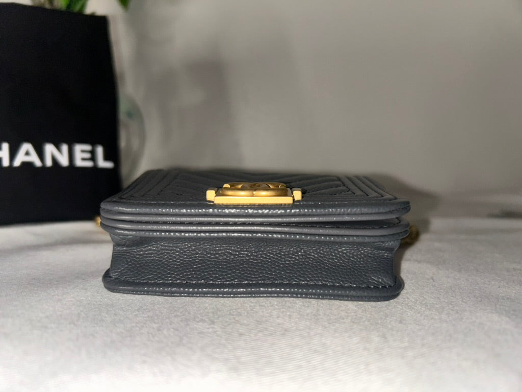 CHANEL Boy Chevron Quilted Caviar Leather Belt Bag in Dark Gray