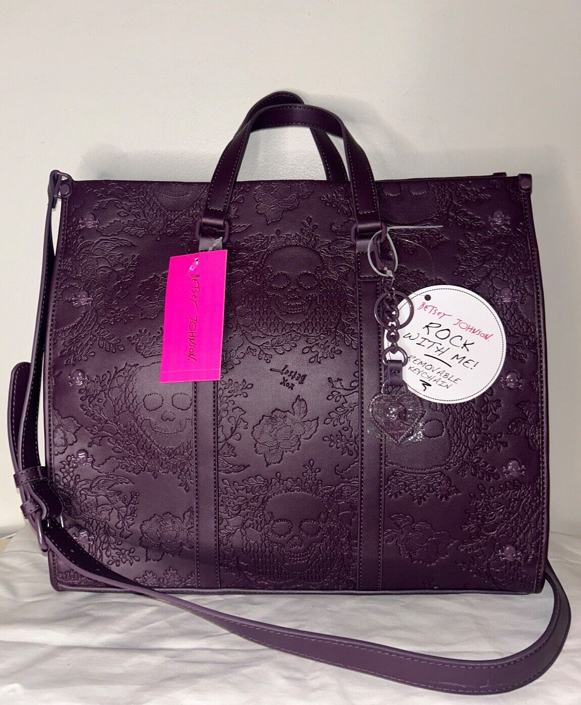 NEW! NWT BETSEY JOHNSON Large Skull Embossed XOMattie Tote Bag Plum