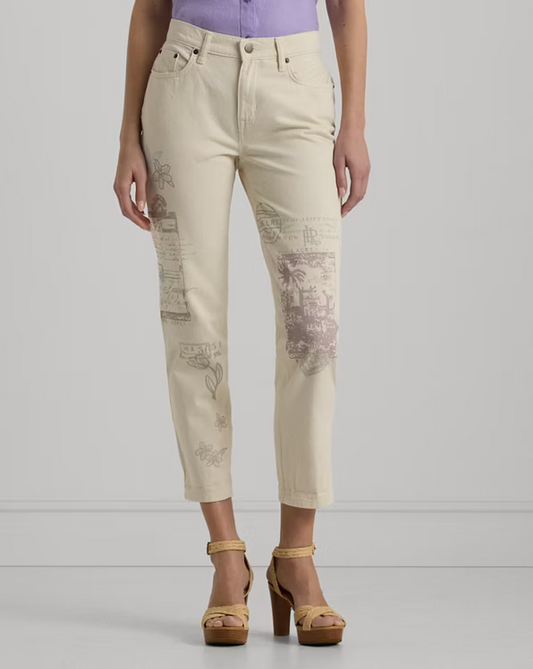 NEW! NWT LAUREN RALPH LAUREN Print Relaxed Tapered Ankle Jean Cream Wash Size 10