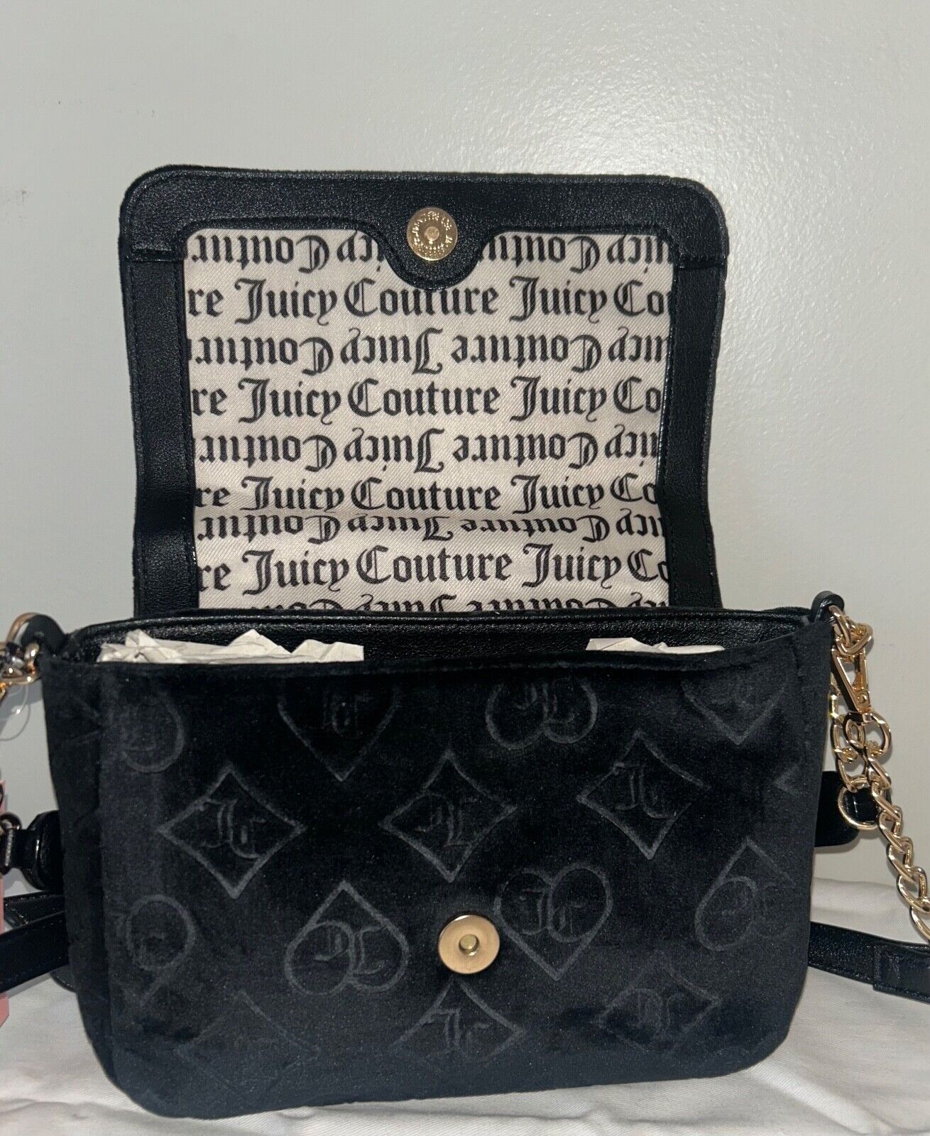 NEW! NWT JUICY COUTURE Glizted Out Velour Logo Crossbody Bag Black Liquorice