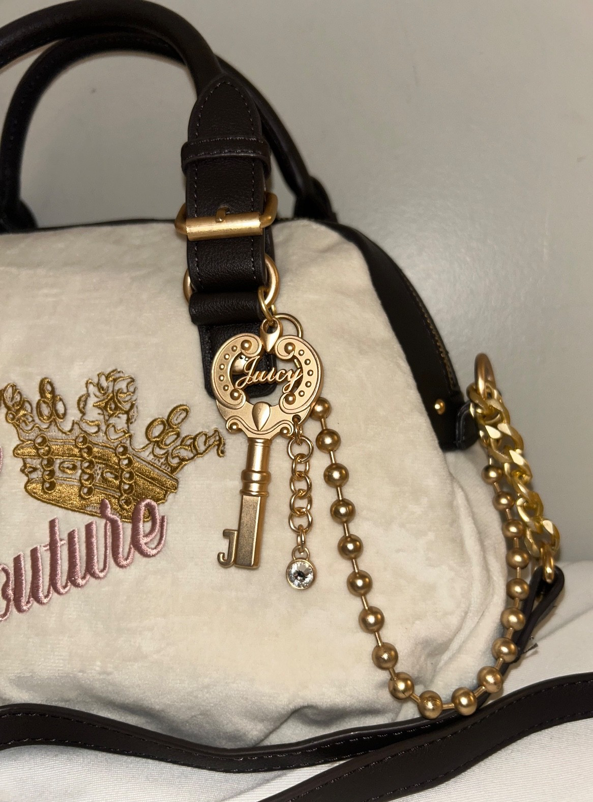 NEW! NWT JUICY COUTURE The Key To Juicy Velour Satchel Bag Crystal Ivory