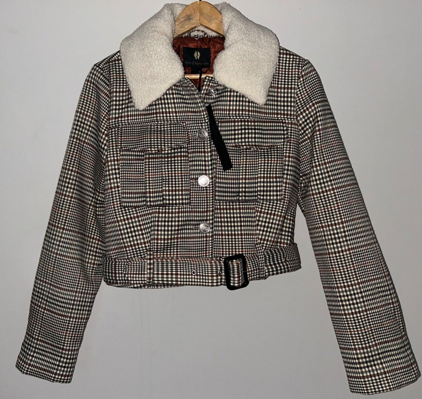 NEW! NWT HOUSE OF HARLOW 1960 Check Print Sherpa Trim Crop Jacket Size L