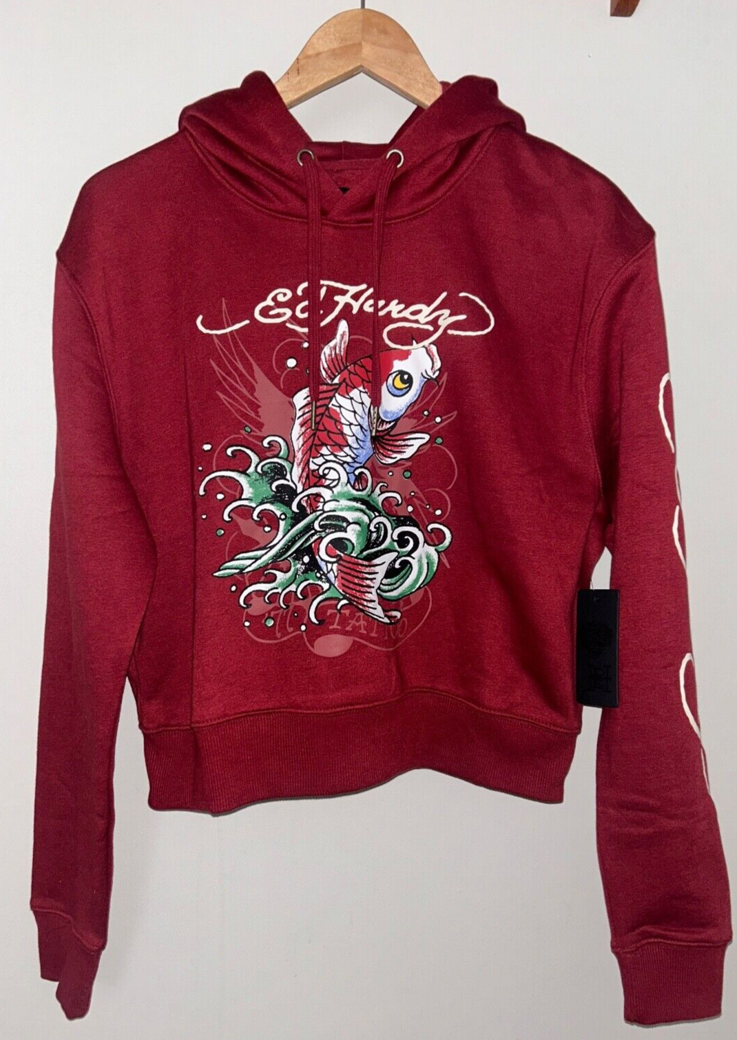 NEW! NWT ED HARDY Koi Fish Pullover Hoodie Sweatshirt in Wine Size L