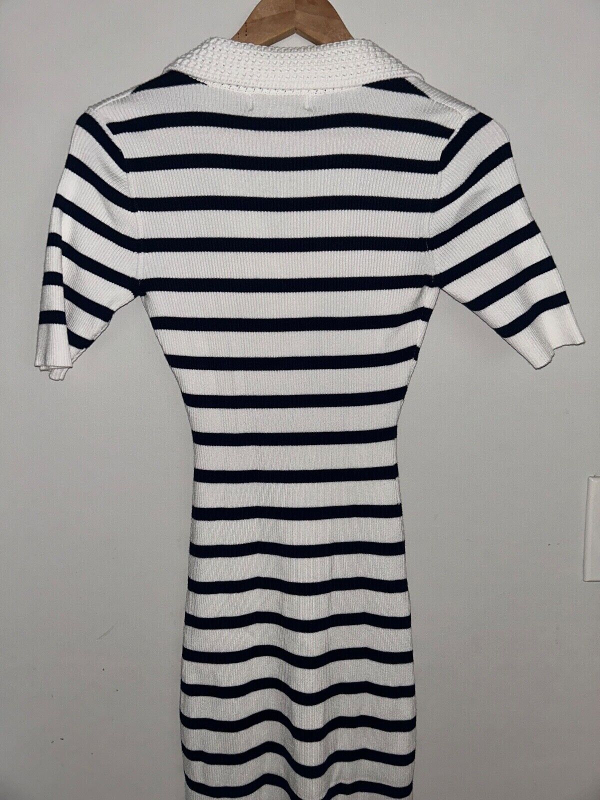 $695 NEW! NWT CAROLINE CONSTAS Knit Stretch Midi Dress Striped White/Navy XS