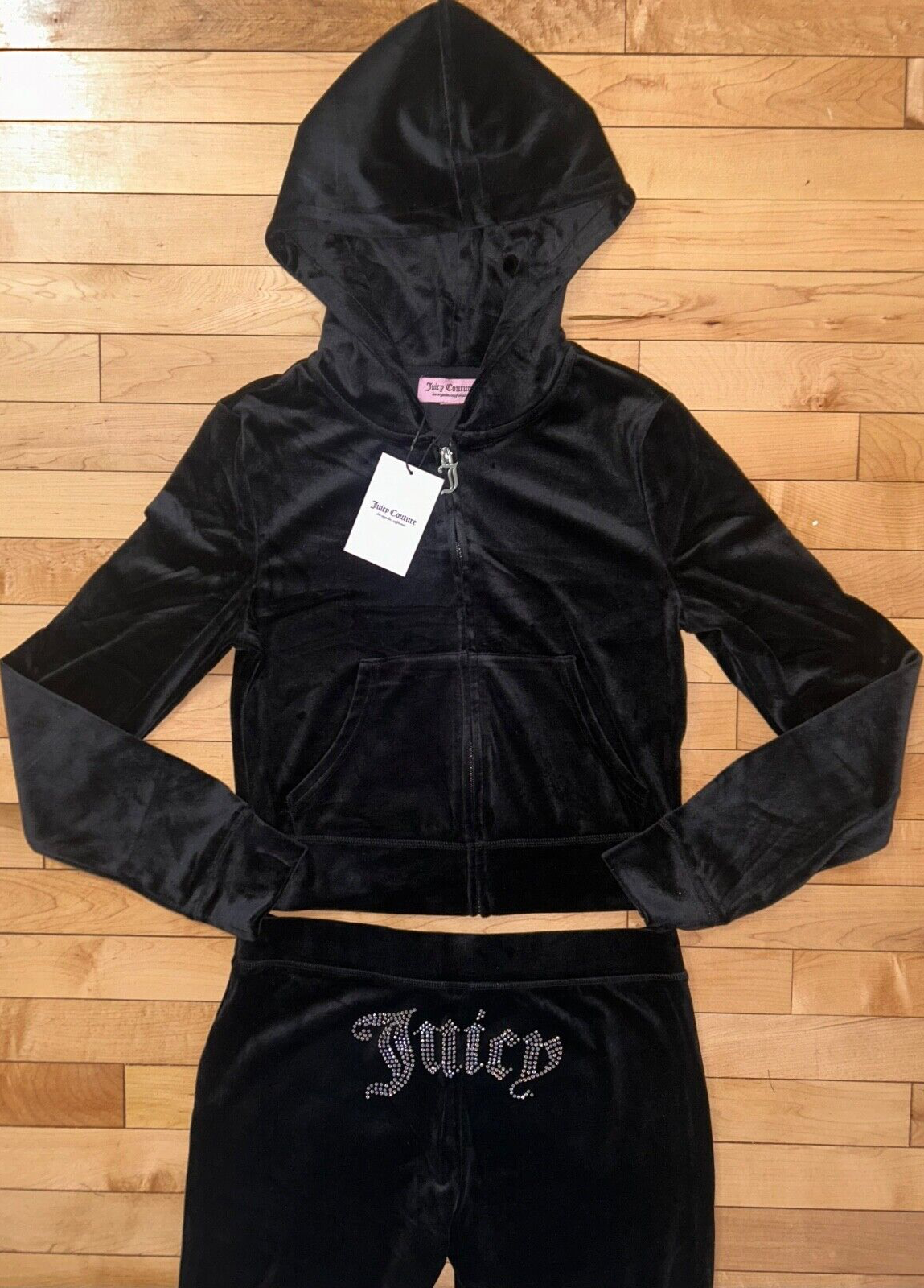 $199 NEW! NWT JUICY COUTURE Velour OG Bling Tracksuit Hoodie & Pant Set Black XS