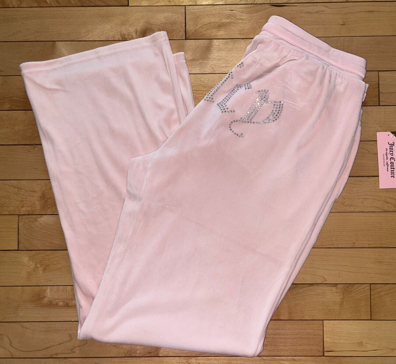 NEW ! NWT JUICY COUTURE Velour OG Big Bling Sweatpants Rock Salt Pink Size L