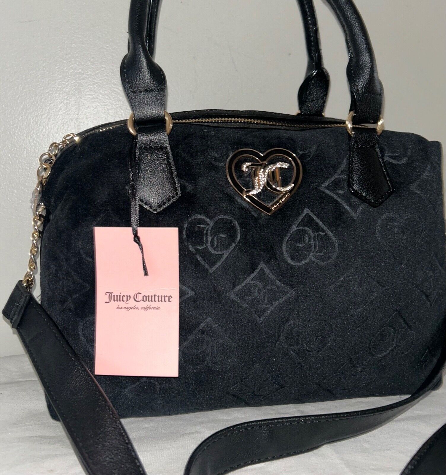 NEW! NWT JUICY COUTURE Glizted Out Velour Logo Satchel Bag Black Liquorice