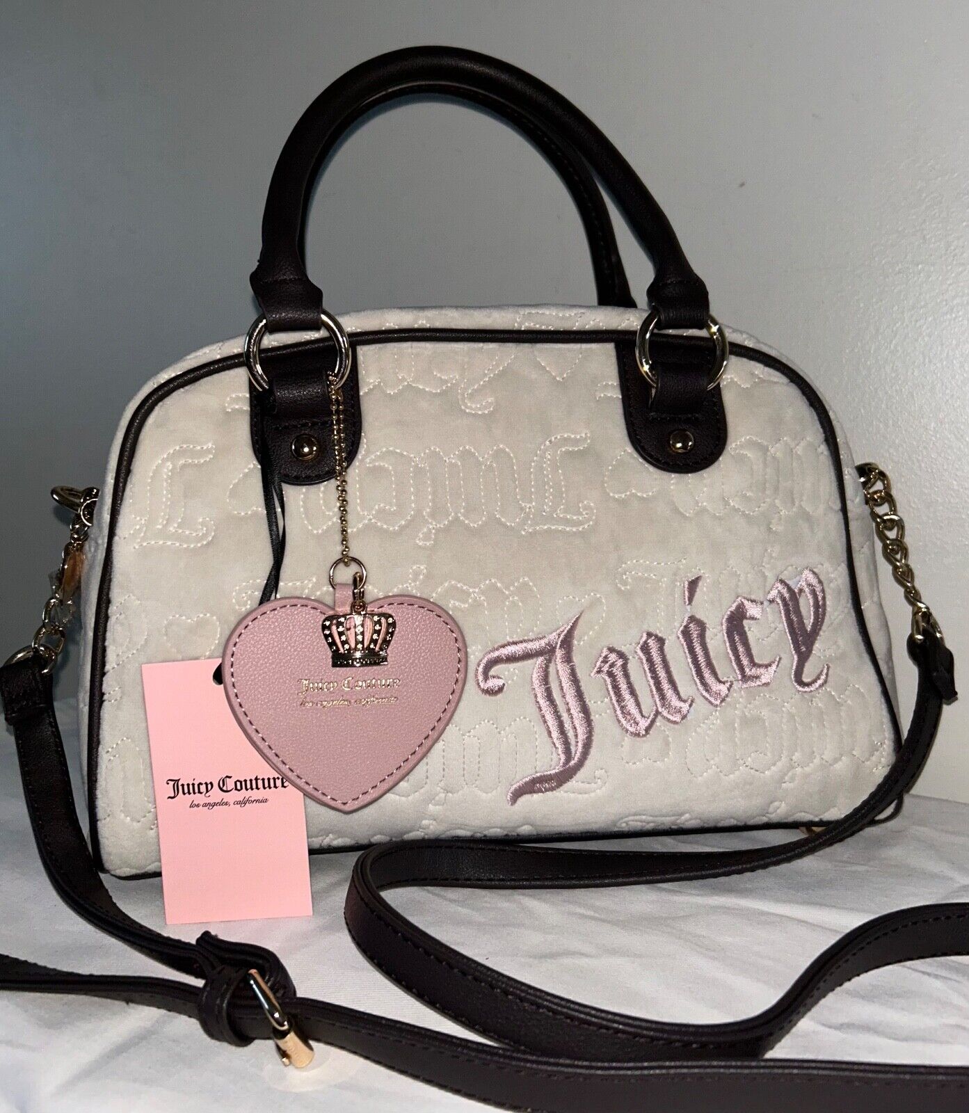 NEW! NWT JUICY COUTURE Vintage Dreams Velour Satchel Bag in Angel Ivory