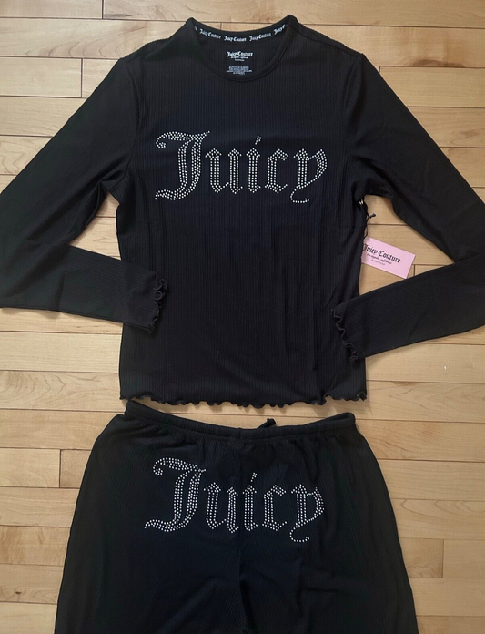 NEW! NWT JUICY COUTURE Bling Logo Lounge Top & Pant Set in Black Size L