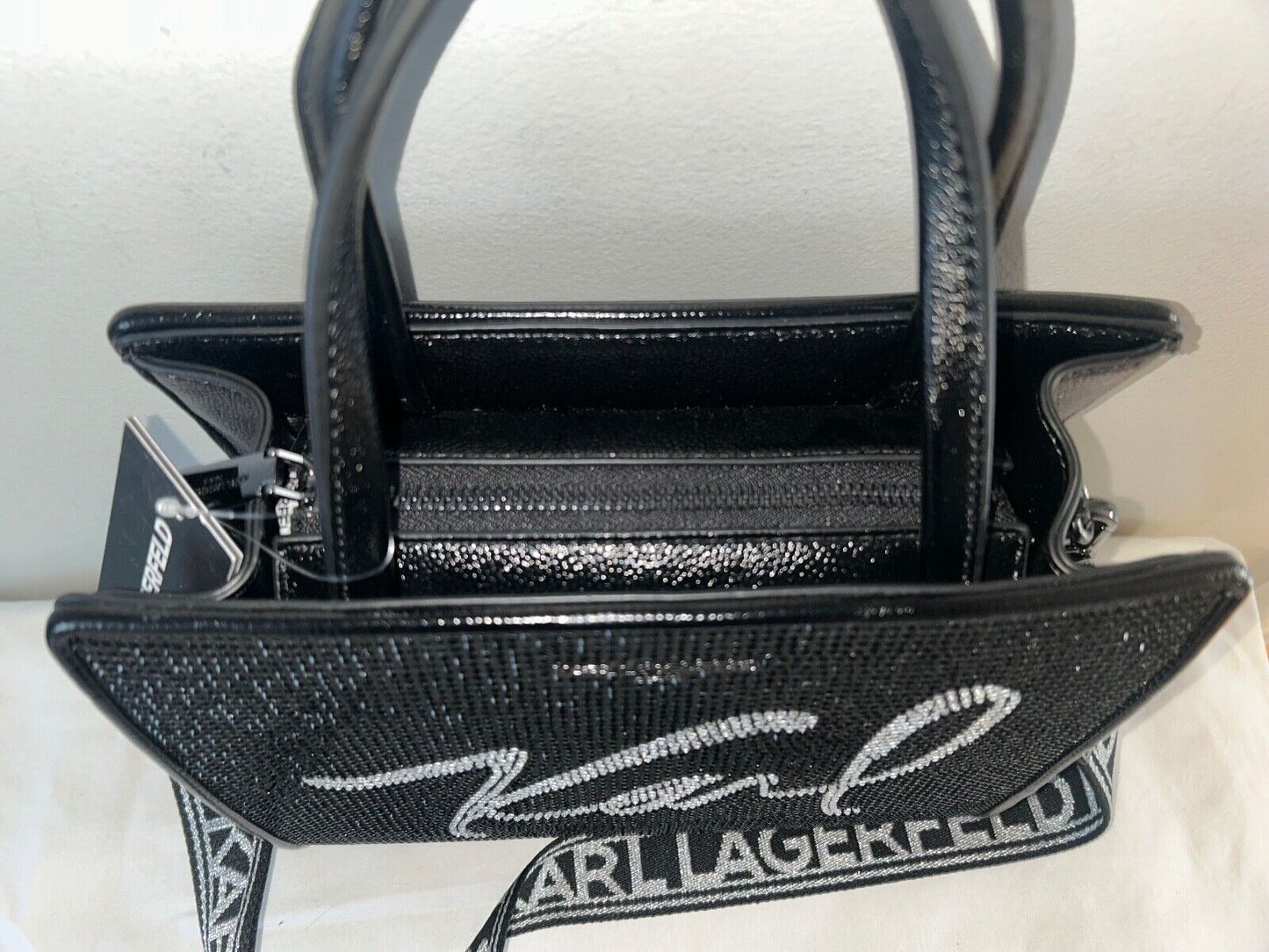NEW! NWT KARL LAGERFELD Paris Maybelle Crystal Satchel Bag Black Metallic