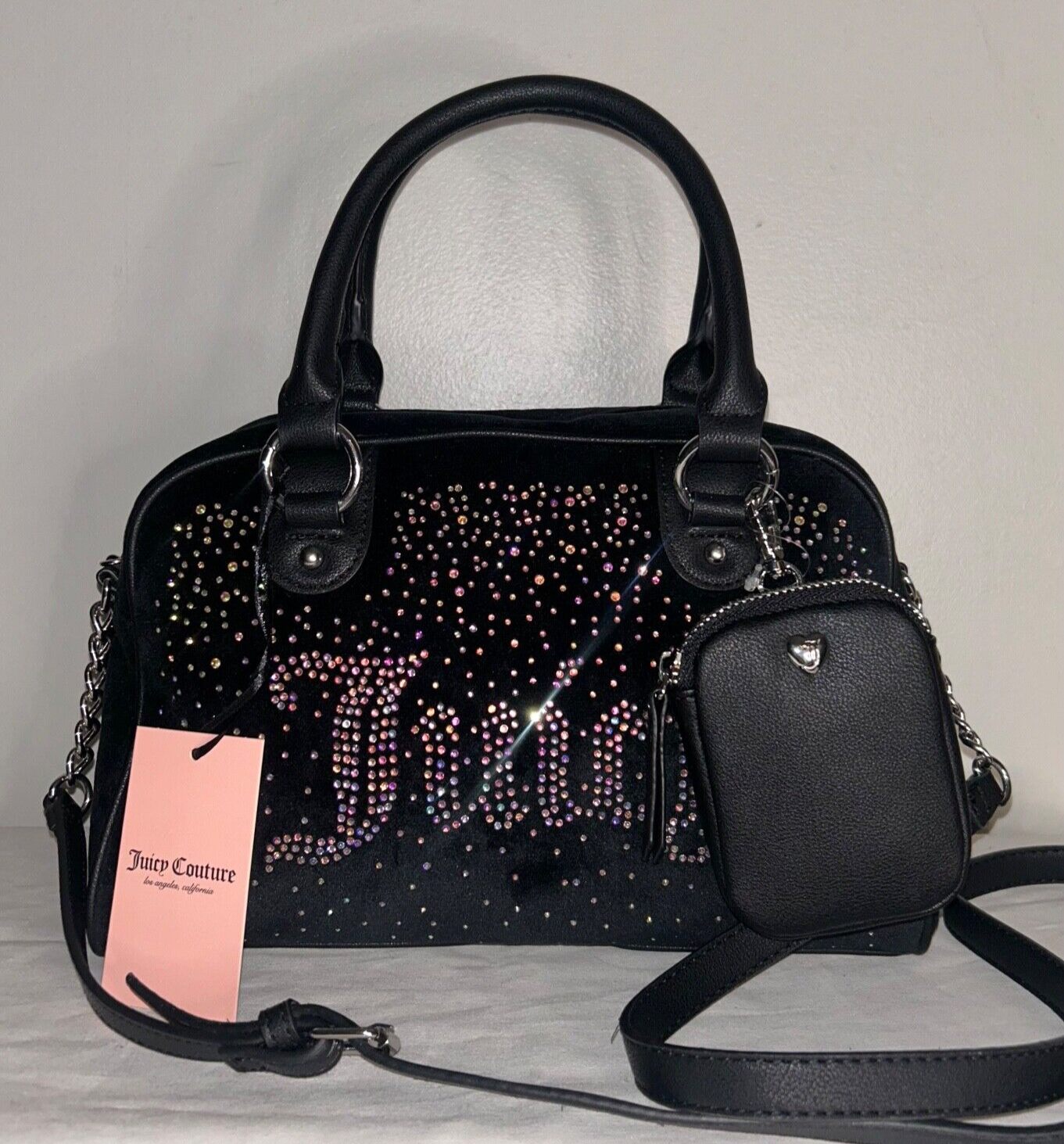 NEW! NWT JUICY COUTURE Let It Shine Bowler Velour Crossbody Bag Black Liquorice