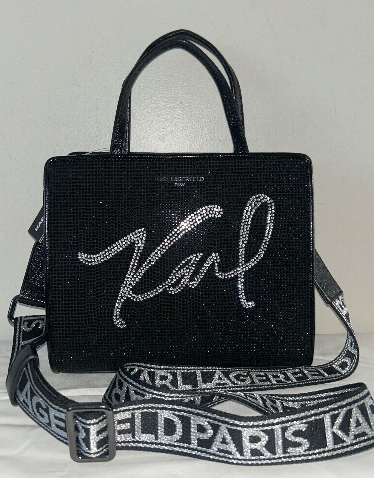 NEW! NWT KARL LAGERFELD Paris Maybelle Crystal Satchel Bag Black Metallic