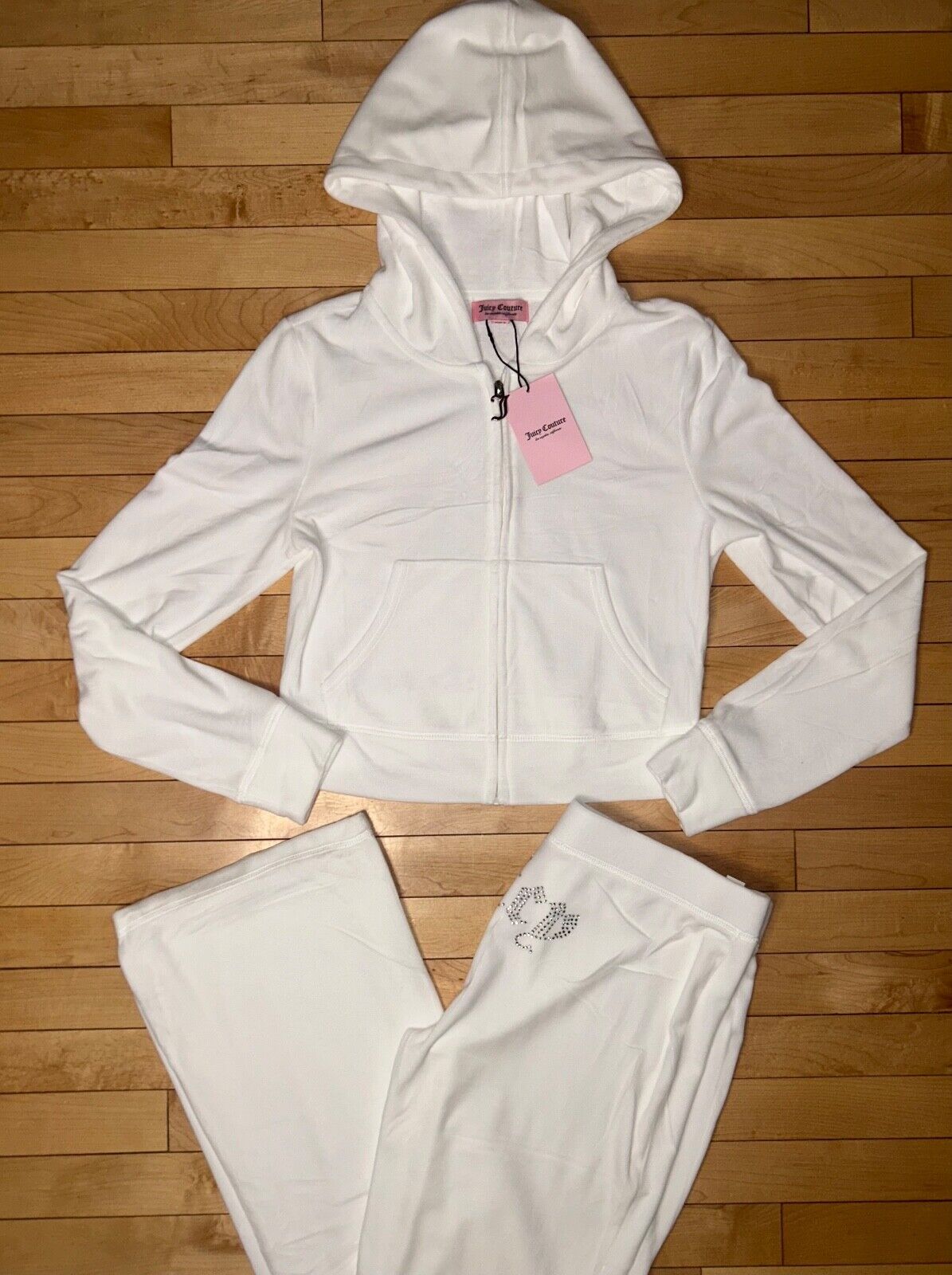 NEW! NWT JUICY COUTURE Velour OG Bling Tracksuit Hoodie & Pant Set White Size M