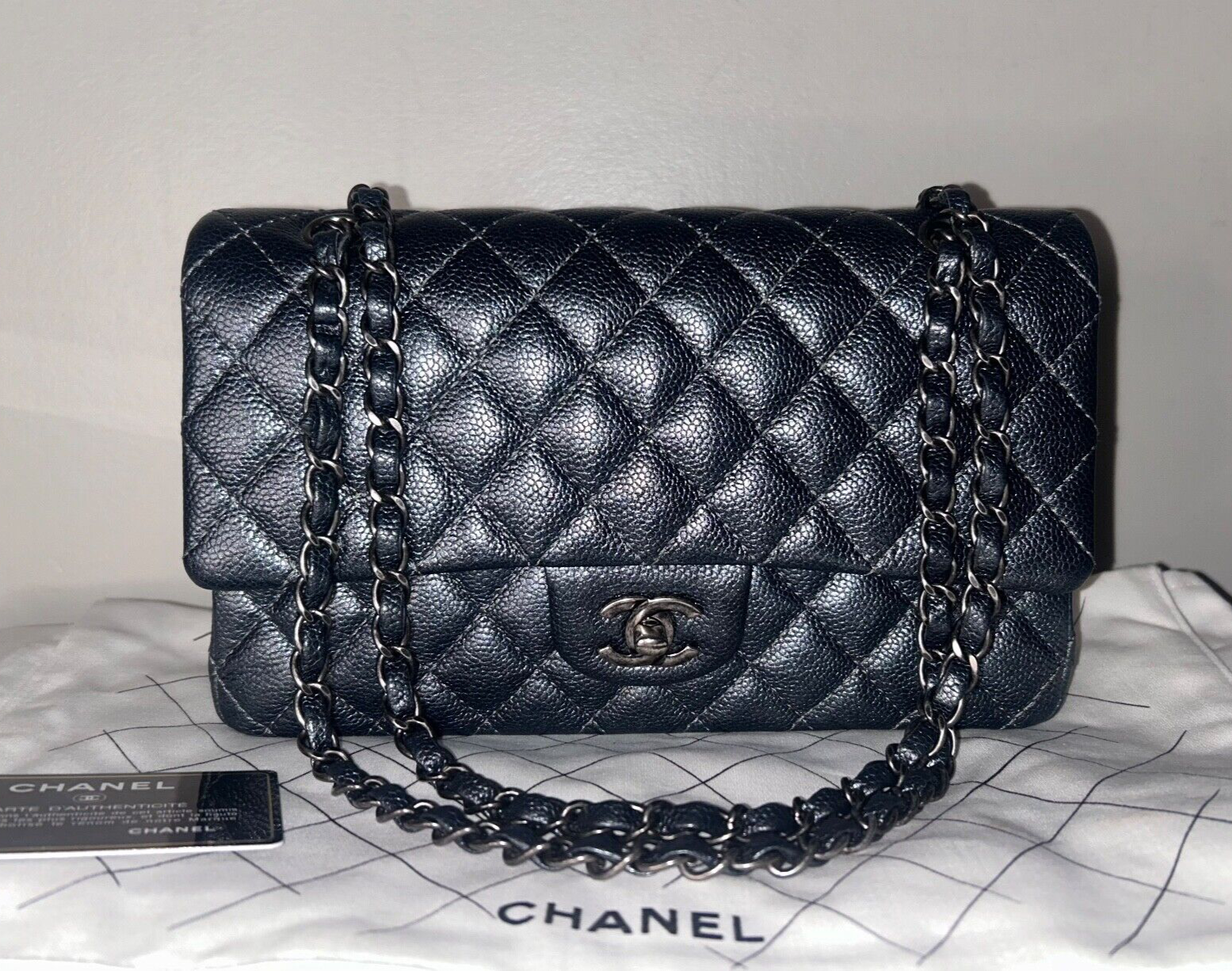 CHANEL Classic Medium Double Flap Pearly Caviar Quilted Leather Handbag Charcoal