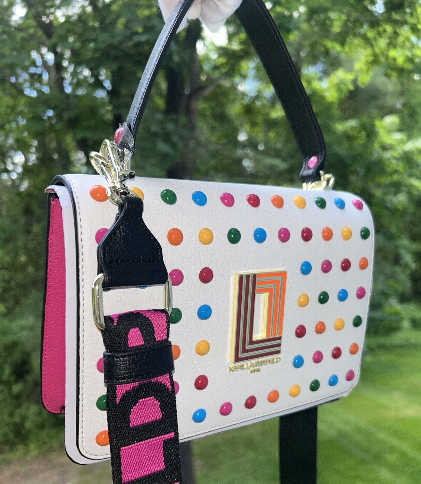 NEW! NWT KARL LAGERFELD Simone Rainbow Studded Crossbody Bag White/Pink Multi