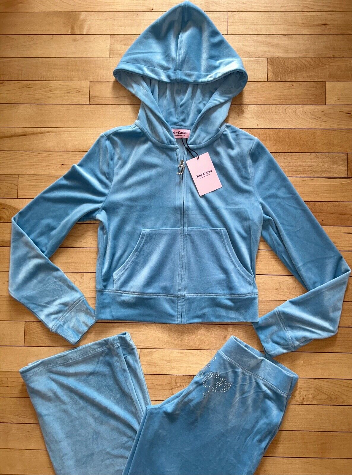 NEW! JUICY COUTURE Velour OG Bling Tracksuit Hoodie & Pant Set Heritage Blue S