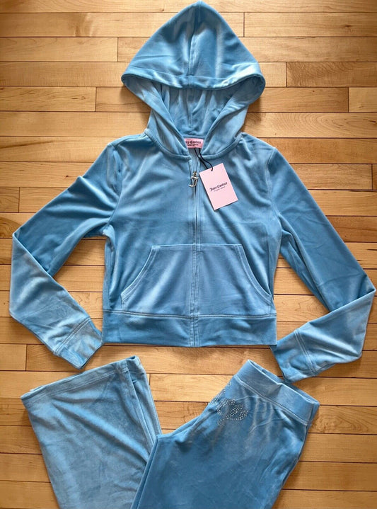 NEW! JUICY COUTURE Velour OG Bling Tracksuit Hoodie & Pant Set Heritage Blue S
