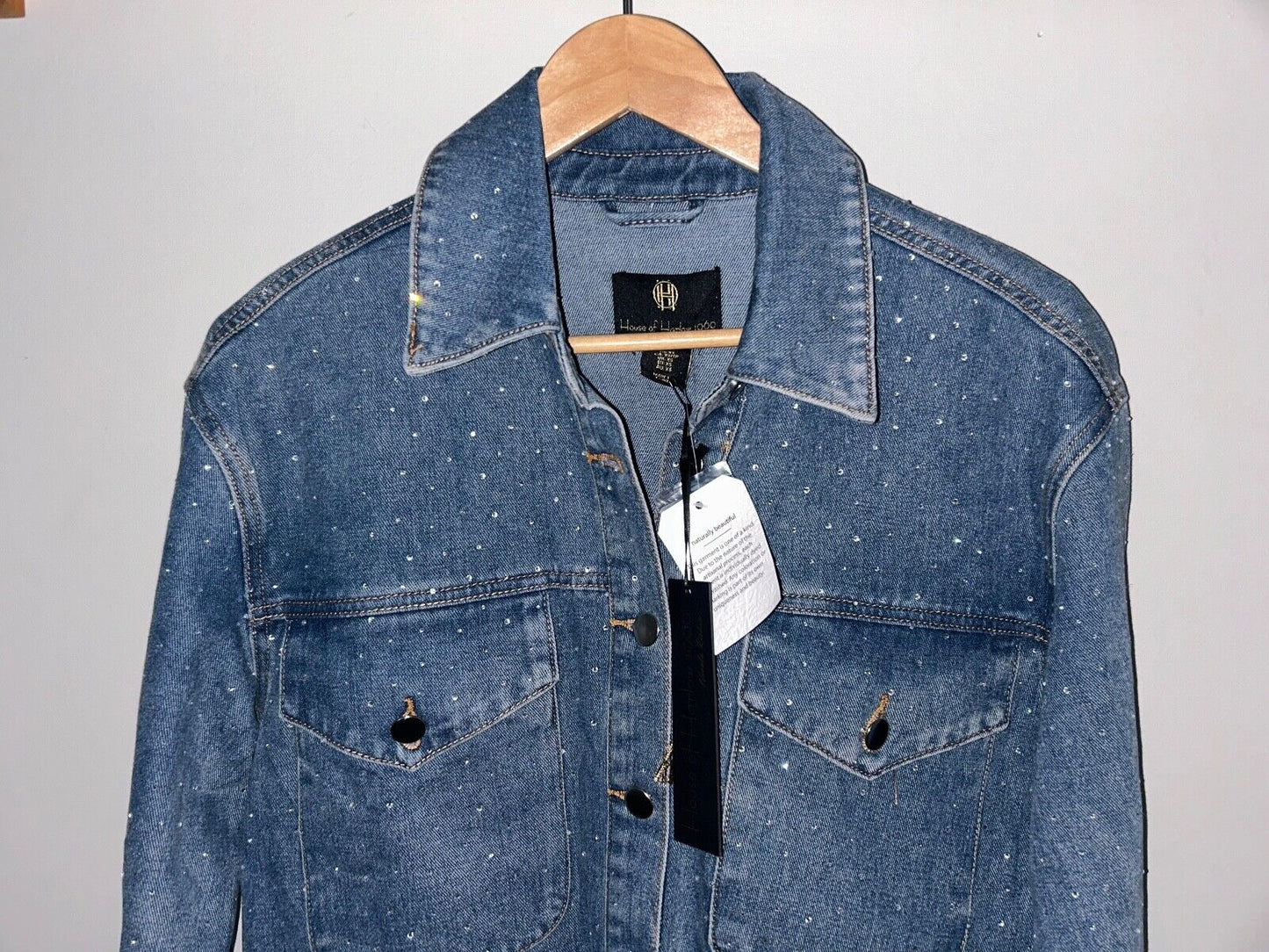 NEW! NWT HOUSE OF HARLOW 1960 Crystal Rhinestone Denim Jean Jacket Size XS