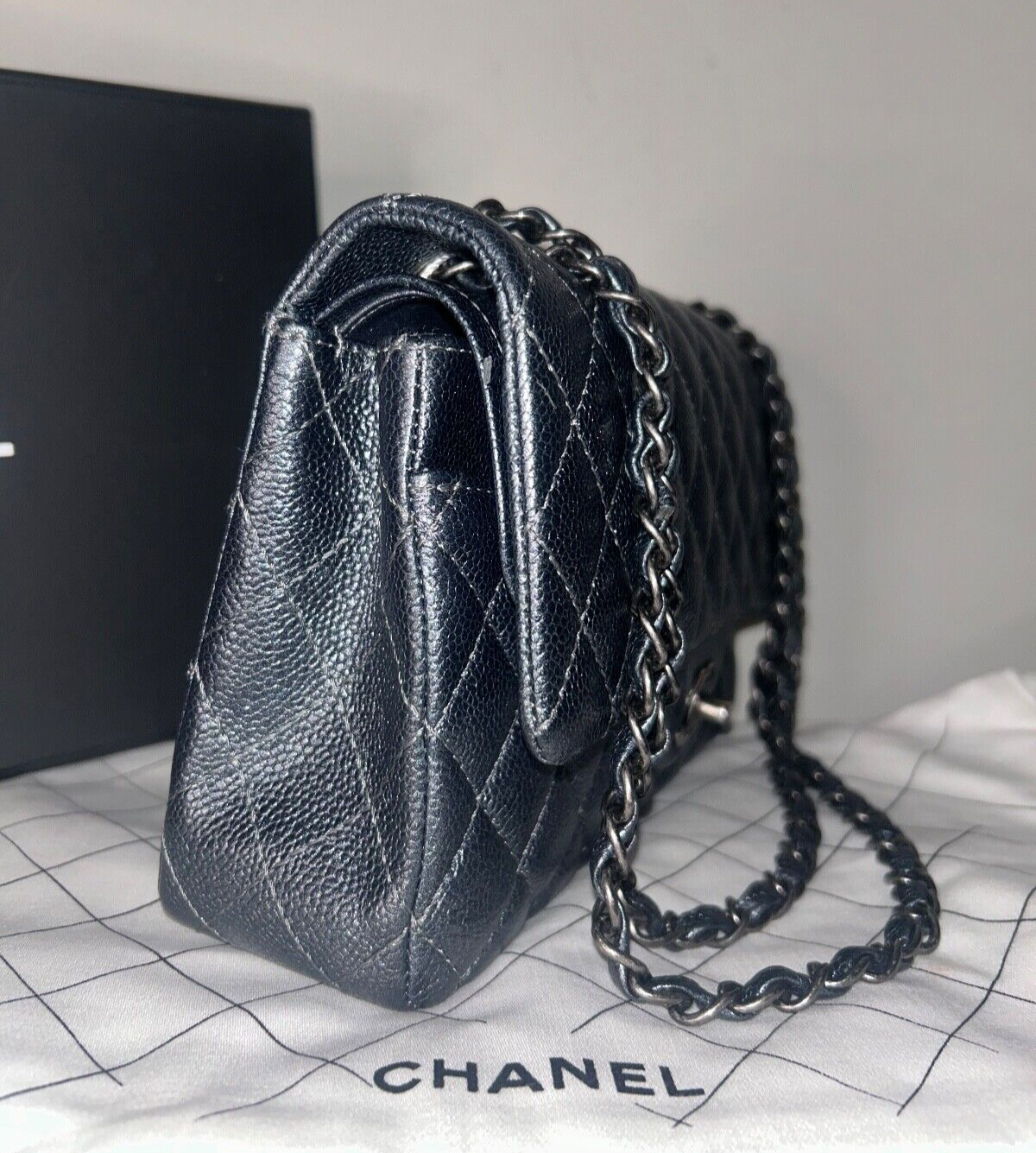 CHANEL Classic Medium Double Flap Pearly Caviar Quilted Leather Handbag Charcoal