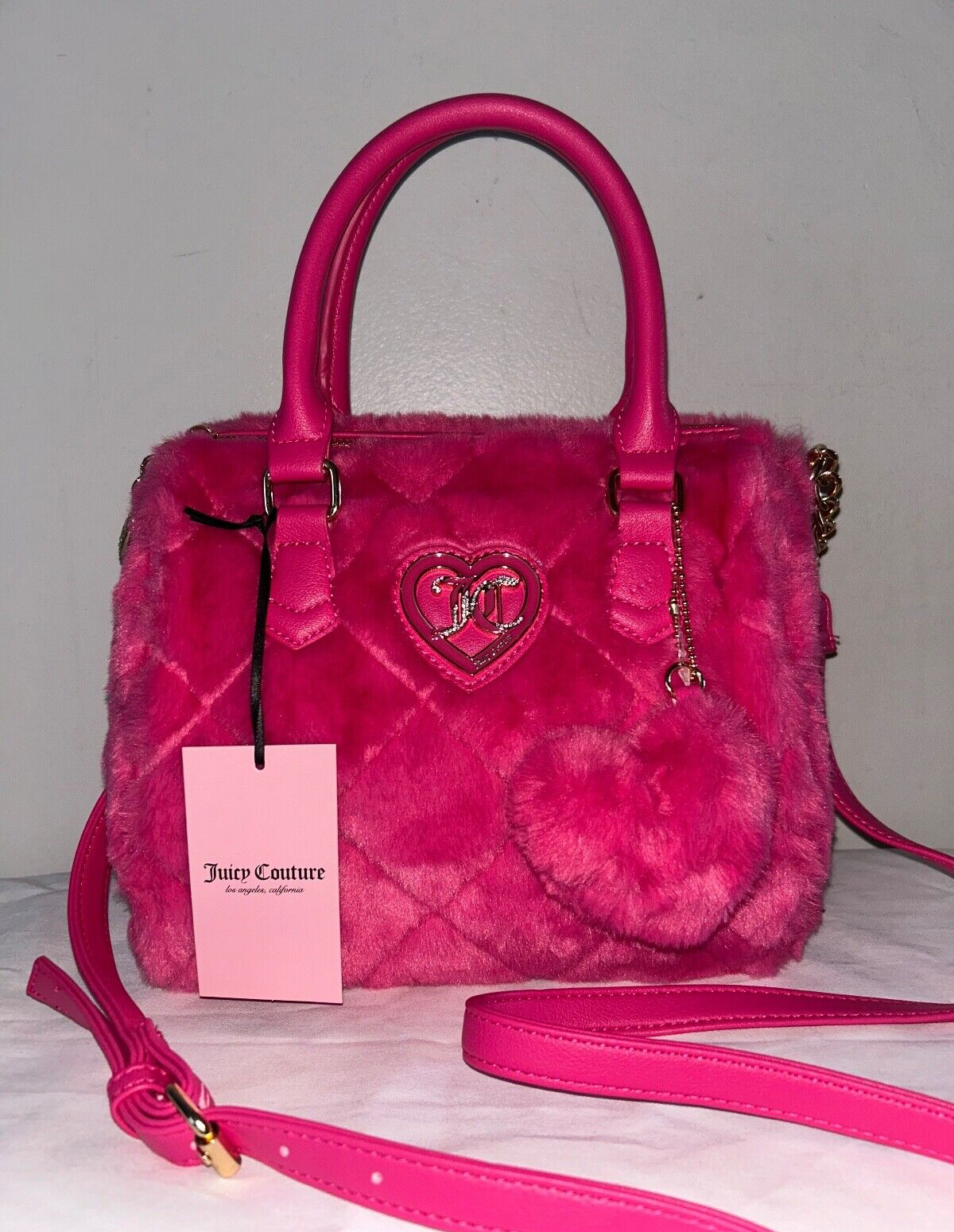 NEW! NWT JUICY COUTURE Lets Get Cozy Faux Fur Satchel Bag Pink Flash