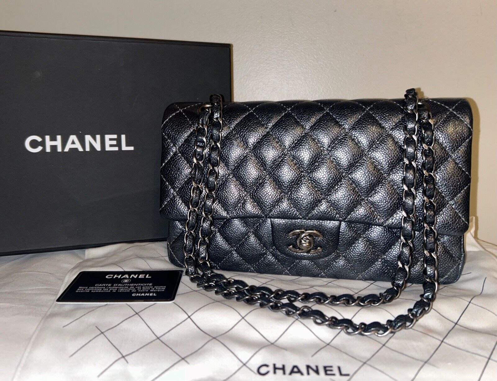 CHANEL Classic Medium Double Flap Pearly Caviar Quilted Leather Handbag Charcoal