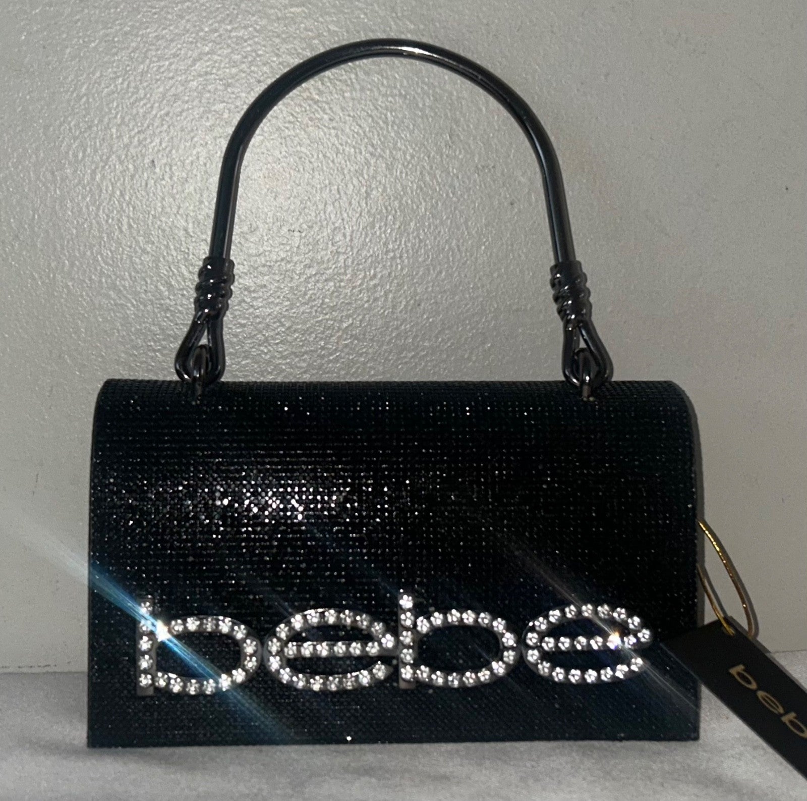 NEW! NWT BEBE Logo Rhinestone Crystal Paris Mini Top Handle Satchel Bag Black