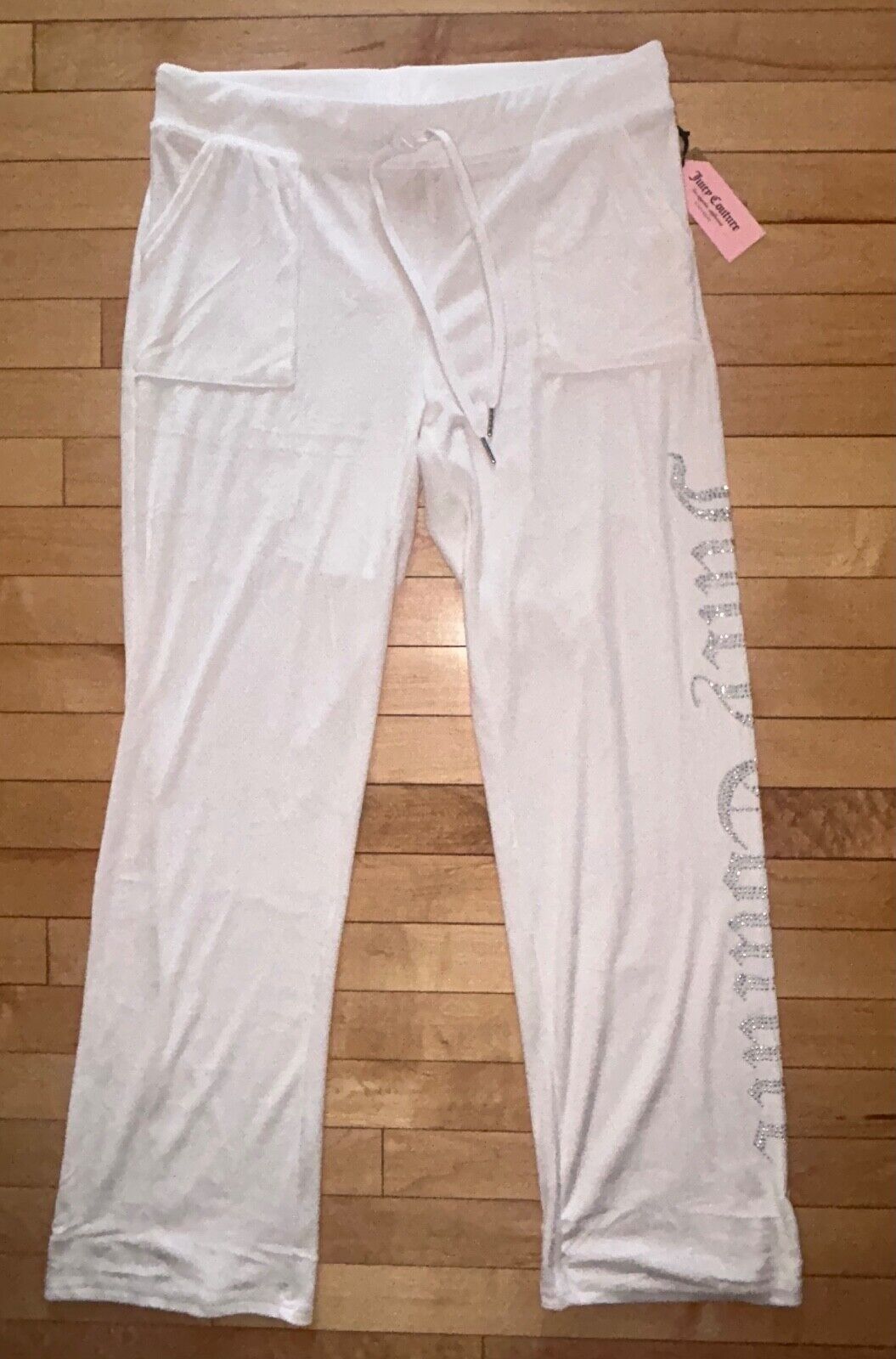 NEW! JUICY COUTURE Velour Bling Logo Sweatpants Pastel Parchment Ivory Size L