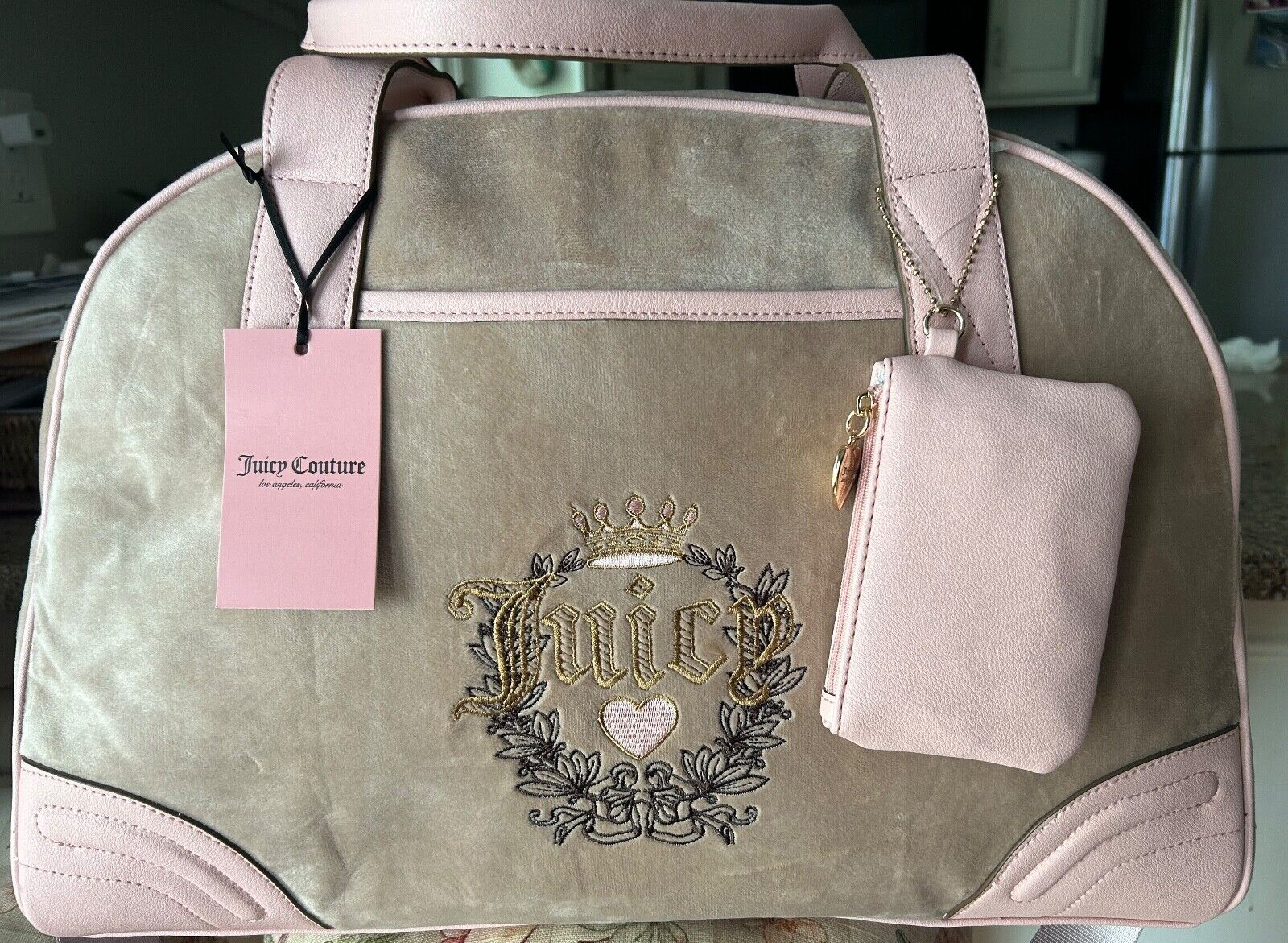 NEW! NWT JUICY COUTURE Heritage Velour Weekender Bag in Cafe/Pink