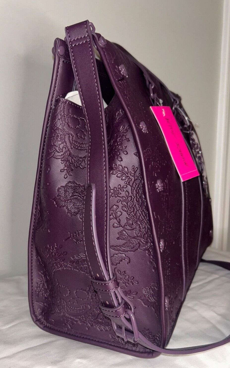 NEW! NWT BETSEY JOHNSON Large Skull Embossed XOMattie Tote Bag Plum