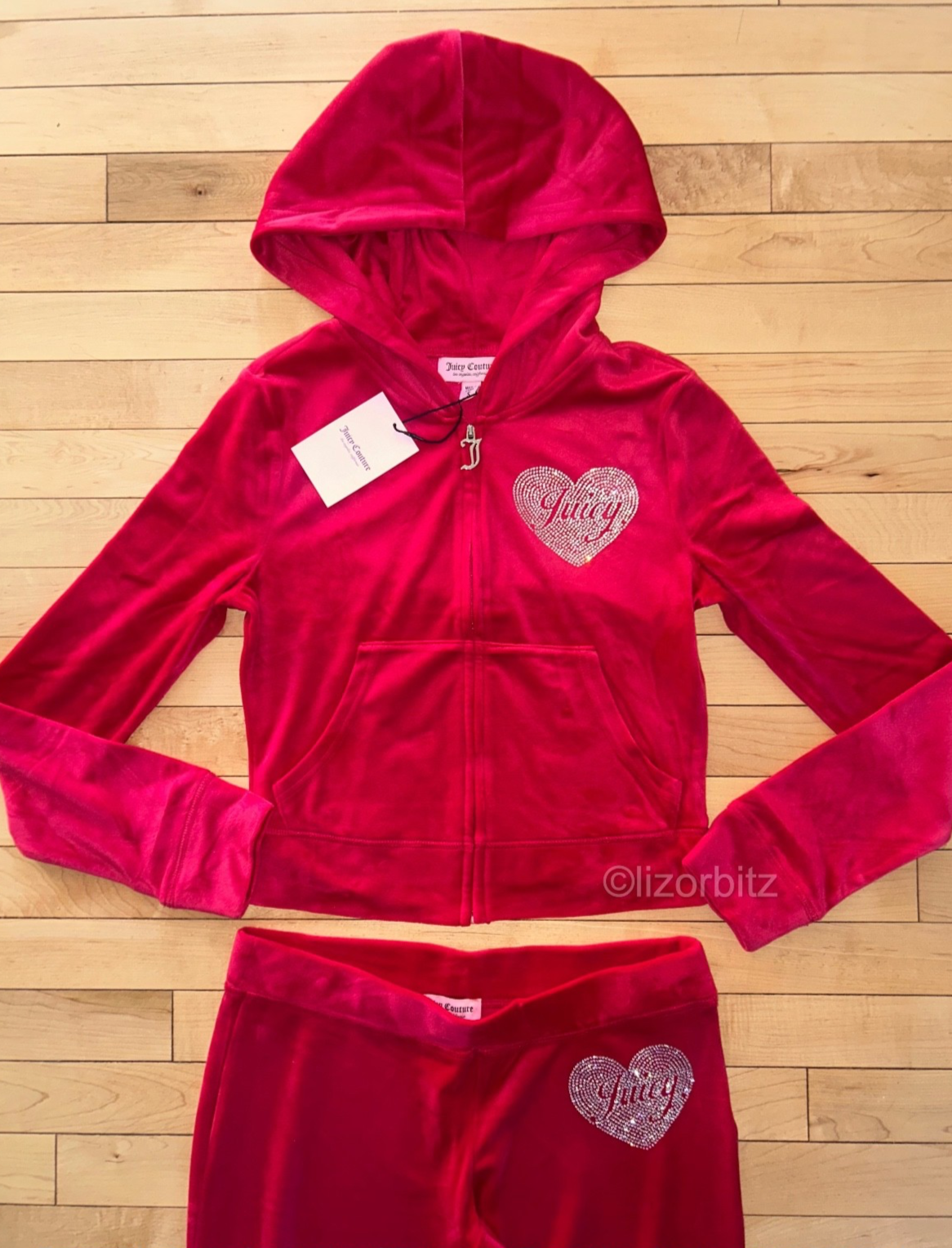 NEW! NWT JUICY COUTURE Velour Bling Heart Logo Tracksuit Set in Flash Red Size S