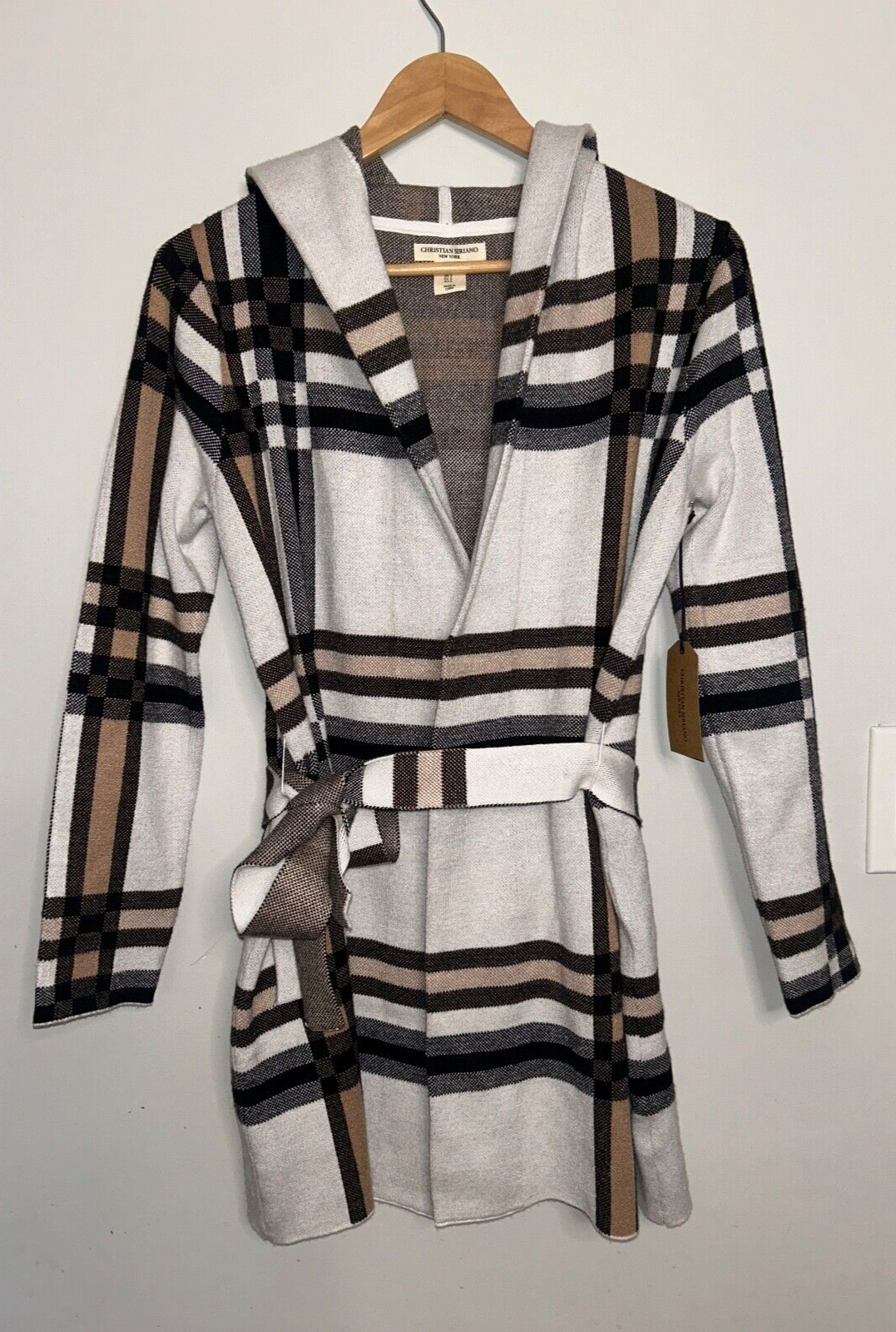 NEW! NWT CHRISTIAN SIRIANO Hooded Plaid Cardigan Sweater White/Tan Multi Size S