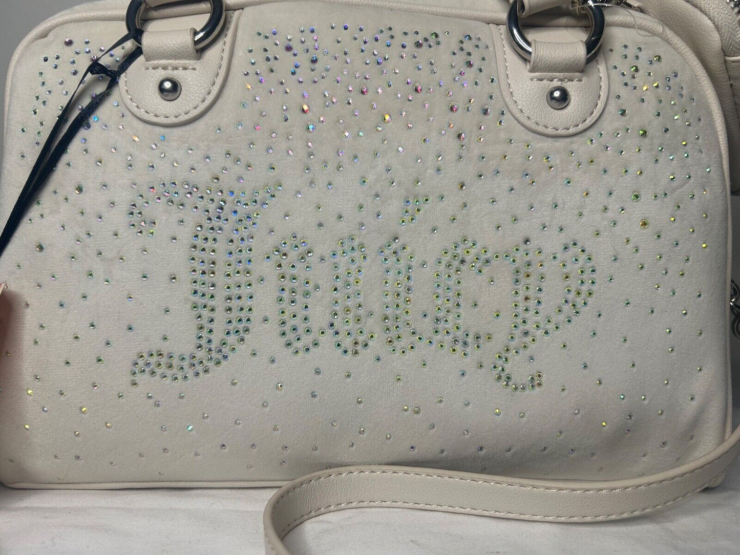 NEW! NWT JUICY COUTURE Let It Shine Bowler Velour Crossbody Bag Crystal Ivory