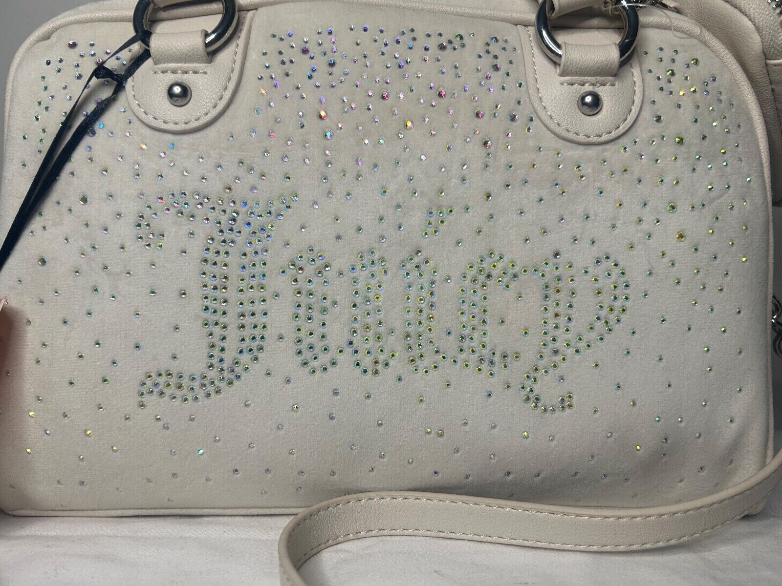 NEW! NWT JUICY COUTURE Let It Shine Bowler Velour Crossbody Bag Crystal Ivory