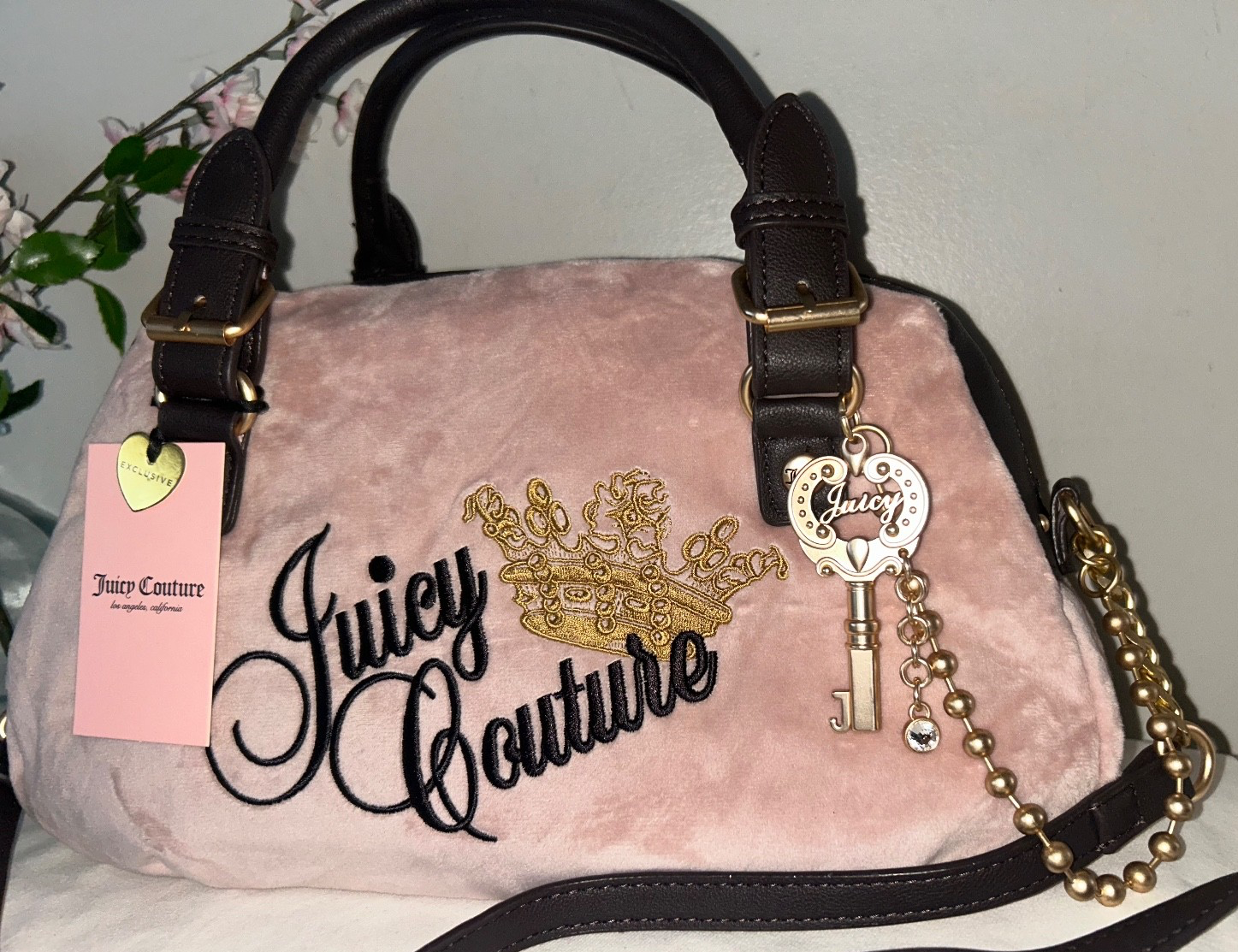 NEW! NWT JUICY COUTURE The Key To Juicy Velour Satchel Bag Dusty Blush Pink