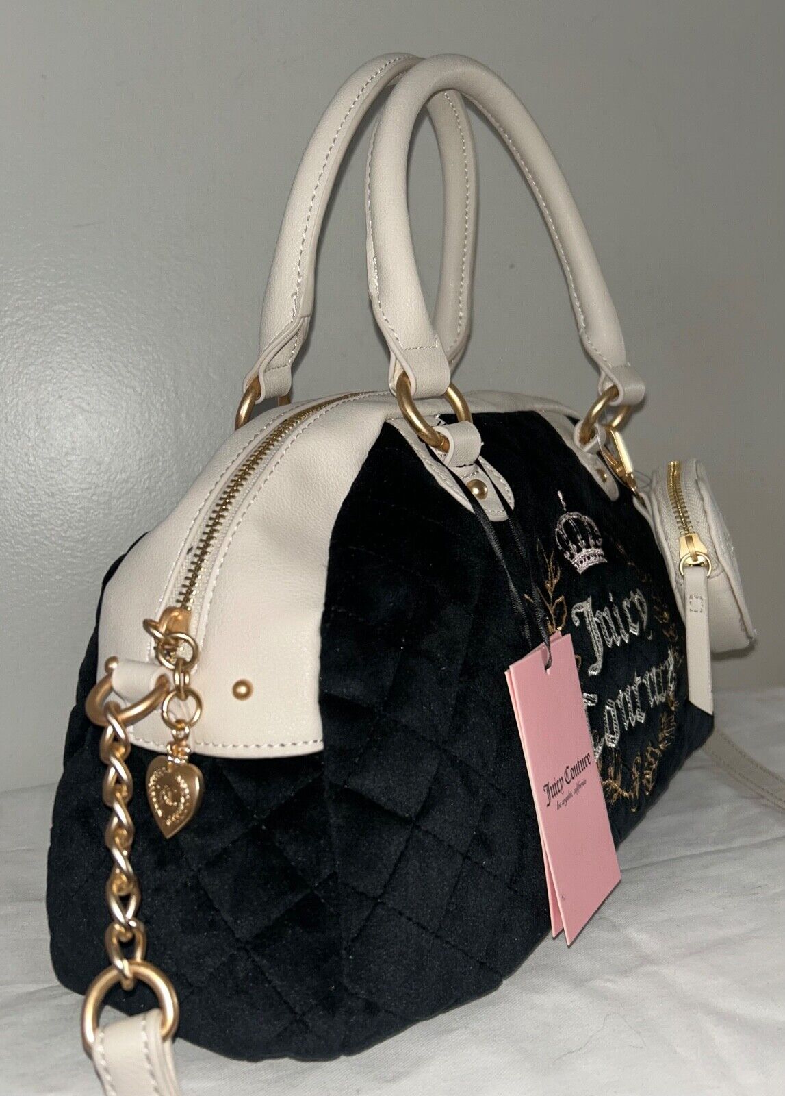NEW! NWT JUICY COUTURE Royal Couture Velour Quilted Satchel Bag Black/Crystal