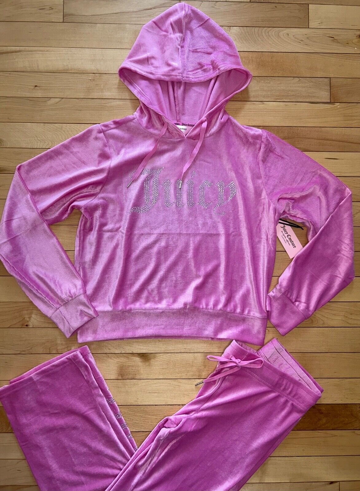 NEW! NWT JUICY COUTURE Velour OG Big Bling Hoodie & Pant Set Deep Azalea Size S