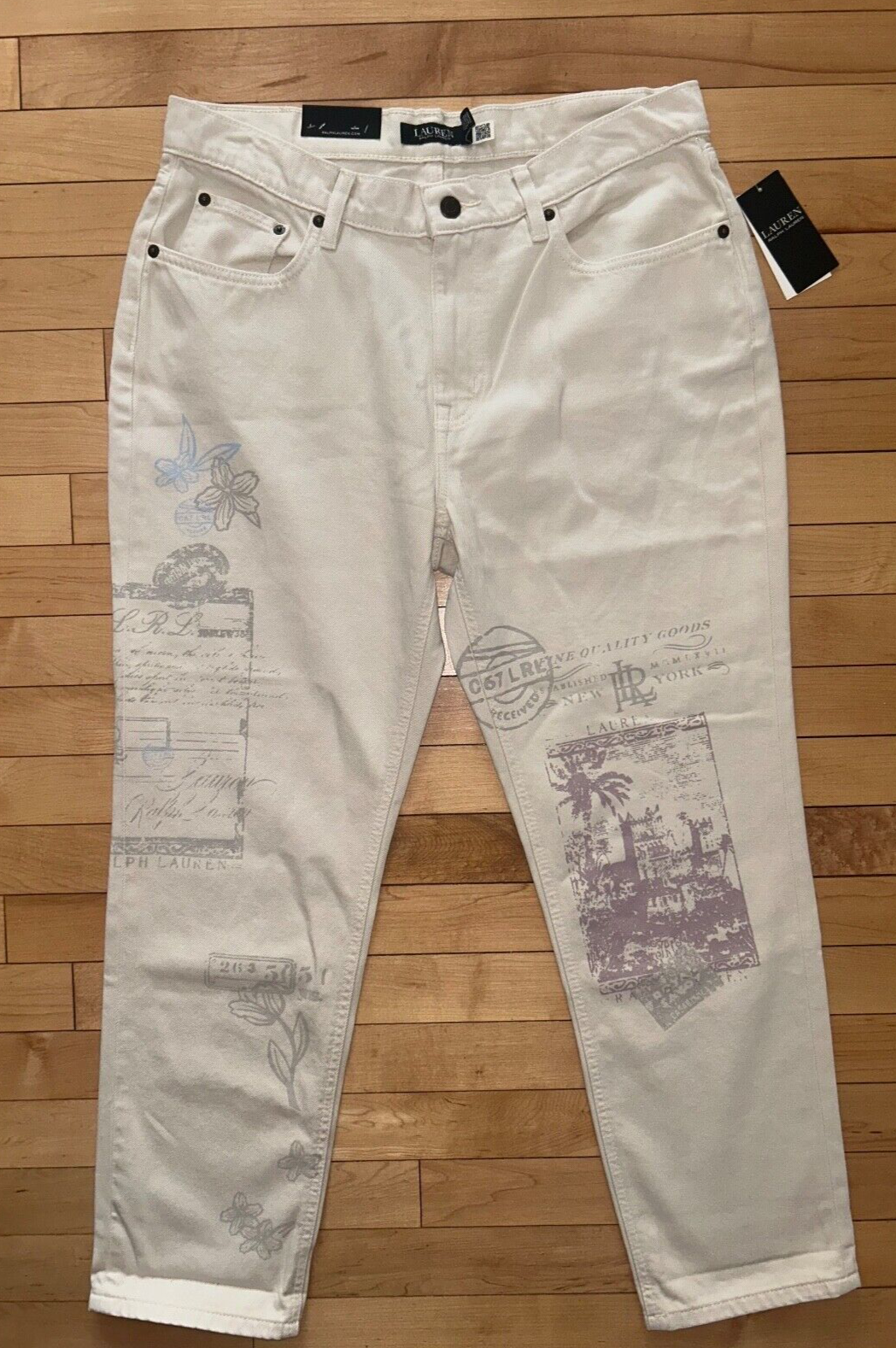 NEW! NWT LAUREN RALPH LAUREN Print Relaxed Tapered Ankle Jean Cream Wash Size 10