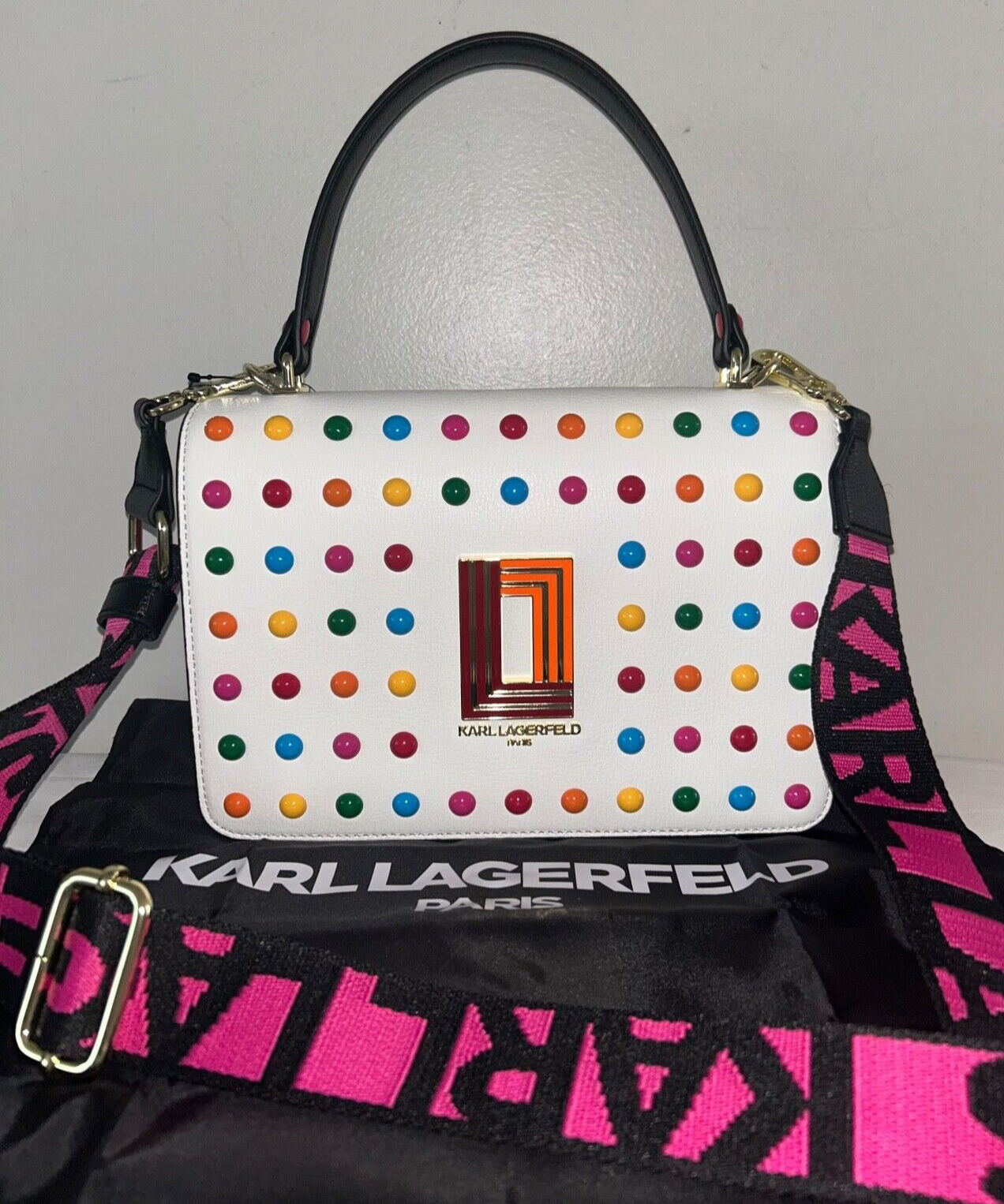 NEW! NWT KARL LAGERFELD Simone Rainbow Studded Crossbody Bag White/Pink Multi