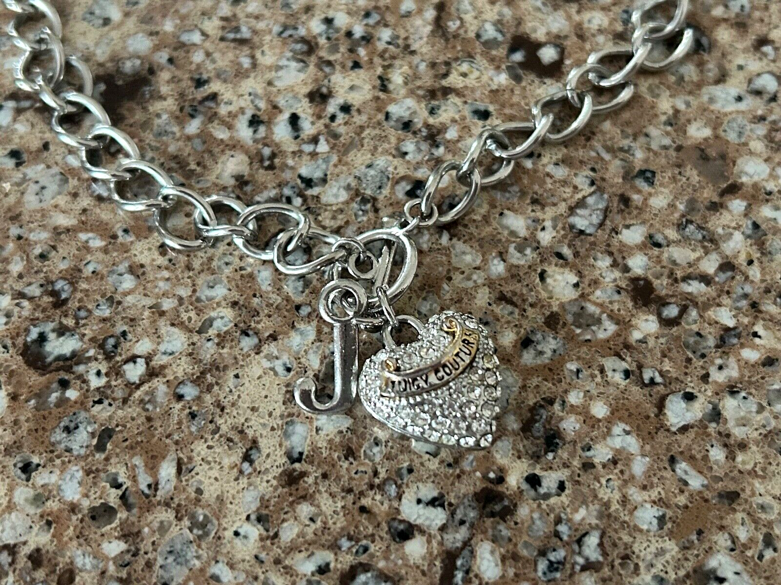 JUICY COUTURE Y2K Puffy Rhinestone Heart Charm Toggle Silver Chain Necklace