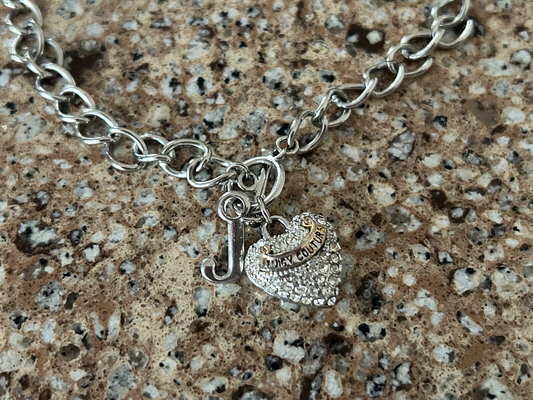 JUICY COUTURE Y2K Puffy Rhinestone Heart Charm Toggle Silver Chain Necklace