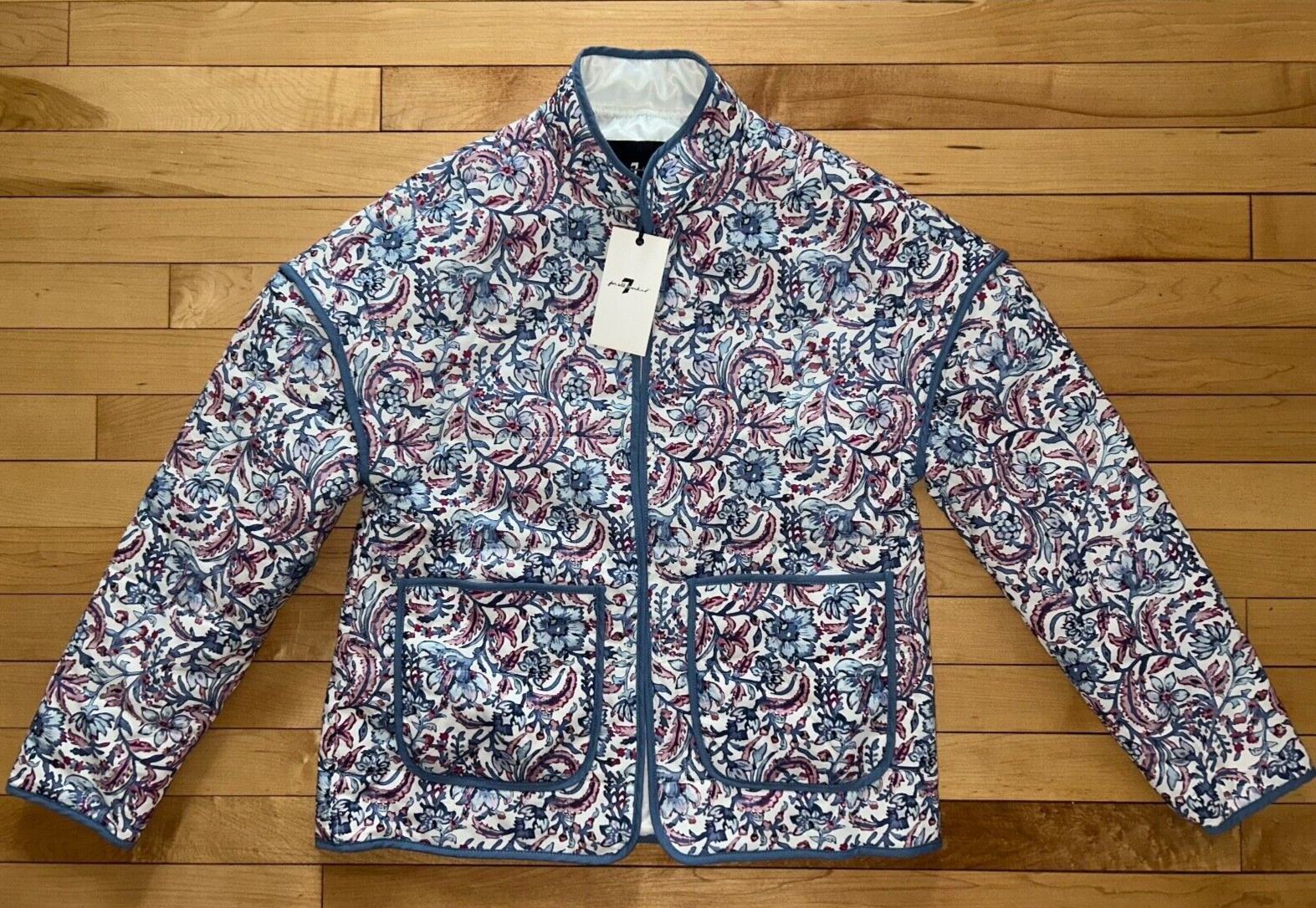 NEW! NWT 7 FOR ALL MANKIND Quilted Floral Jacket Light Blue/White Size S