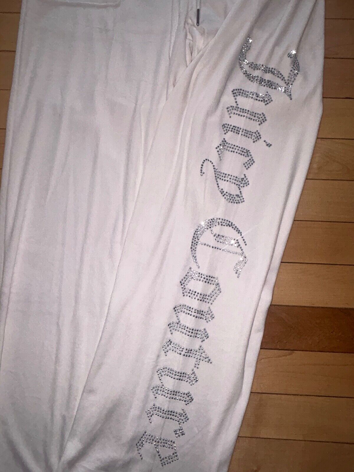 NEW! JUICY COUTURE Velour Bling Logo Sweatpants Pastel Parchment Ivory Size L