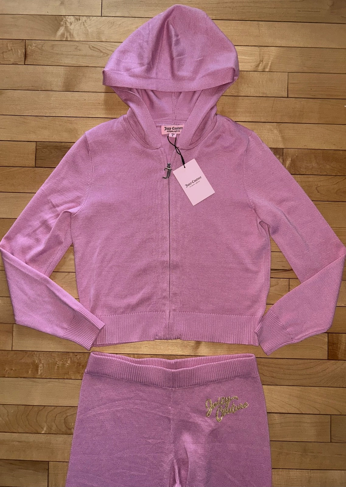 $199 NEW! JUICY COUTURE Juicy Logo Knit Tracksuit Hoodie & Pant Set Rose Size S