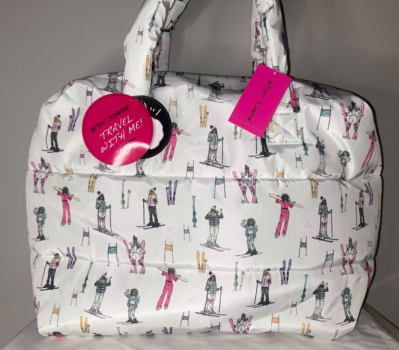 NEW! NWT BETSEY JOHNSON Large Puffy Ski Bunny Weekender Tote + Neck Pillow White