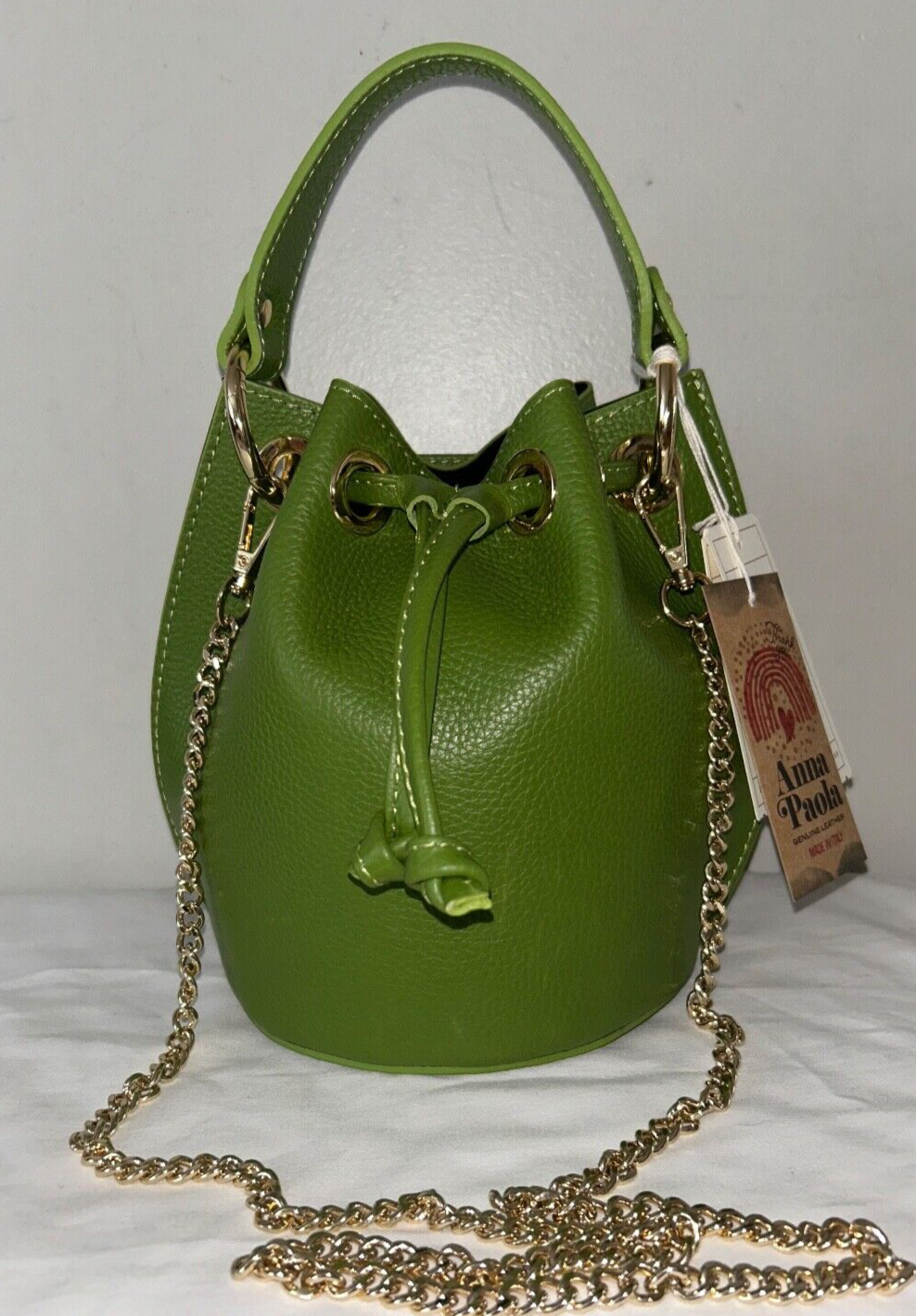 NEW! NWT ANNA PAOLA Italian Leather Bucket Bag in Aloe