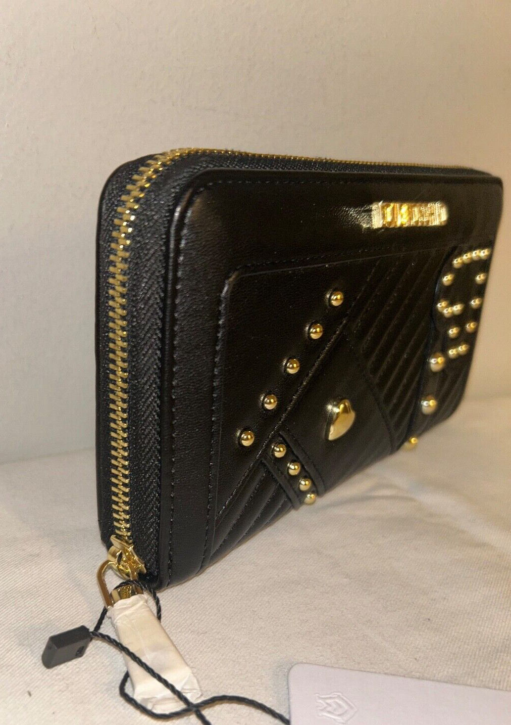 NEW ! NWT LOVE MOSCHINO Studded Zip Around Logo Wallet Black/Gold