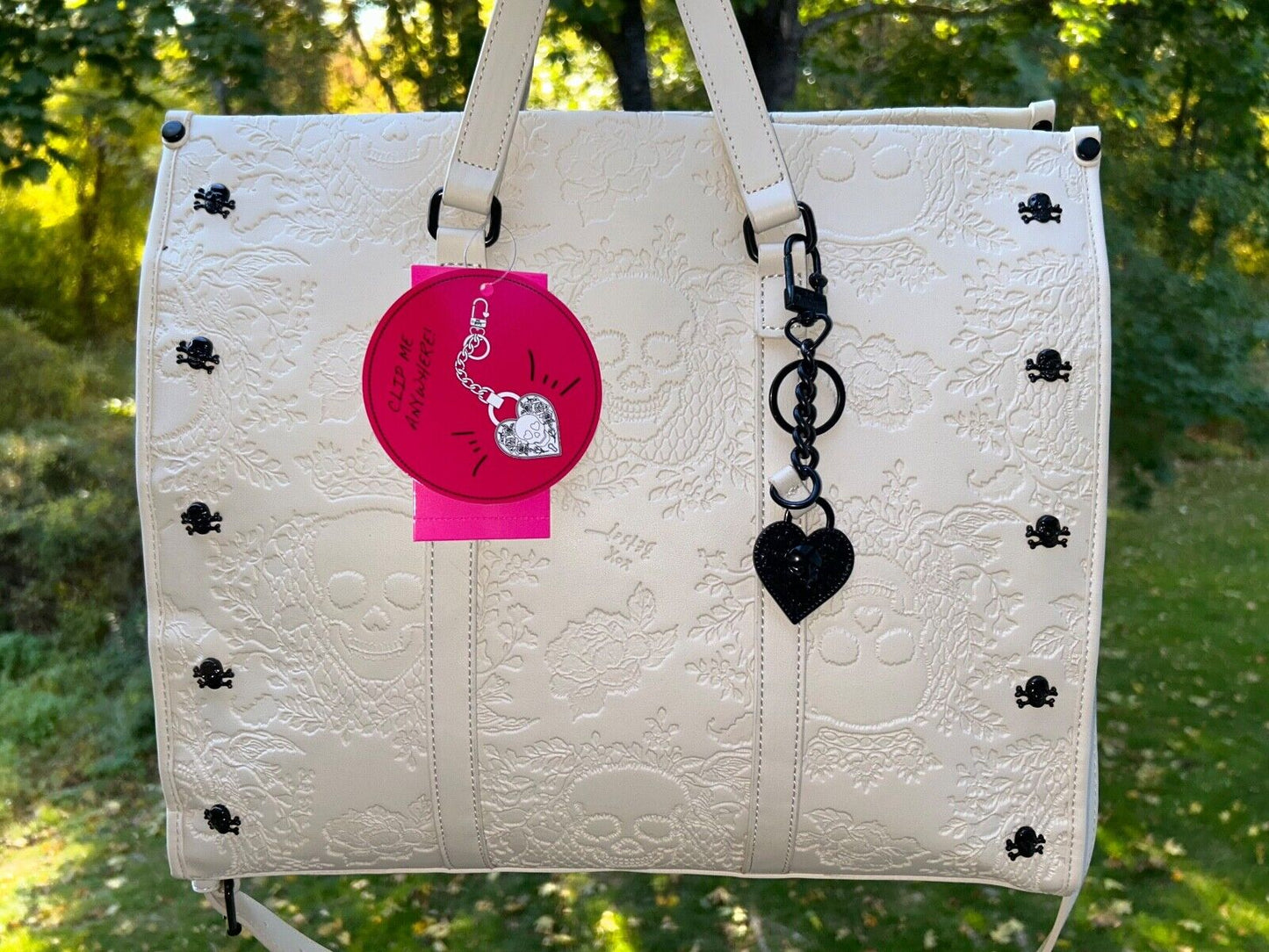 NEW! NWT BETSEY JOHNSON Large Skull Embossed XOMattie Tote Bag Chalk White